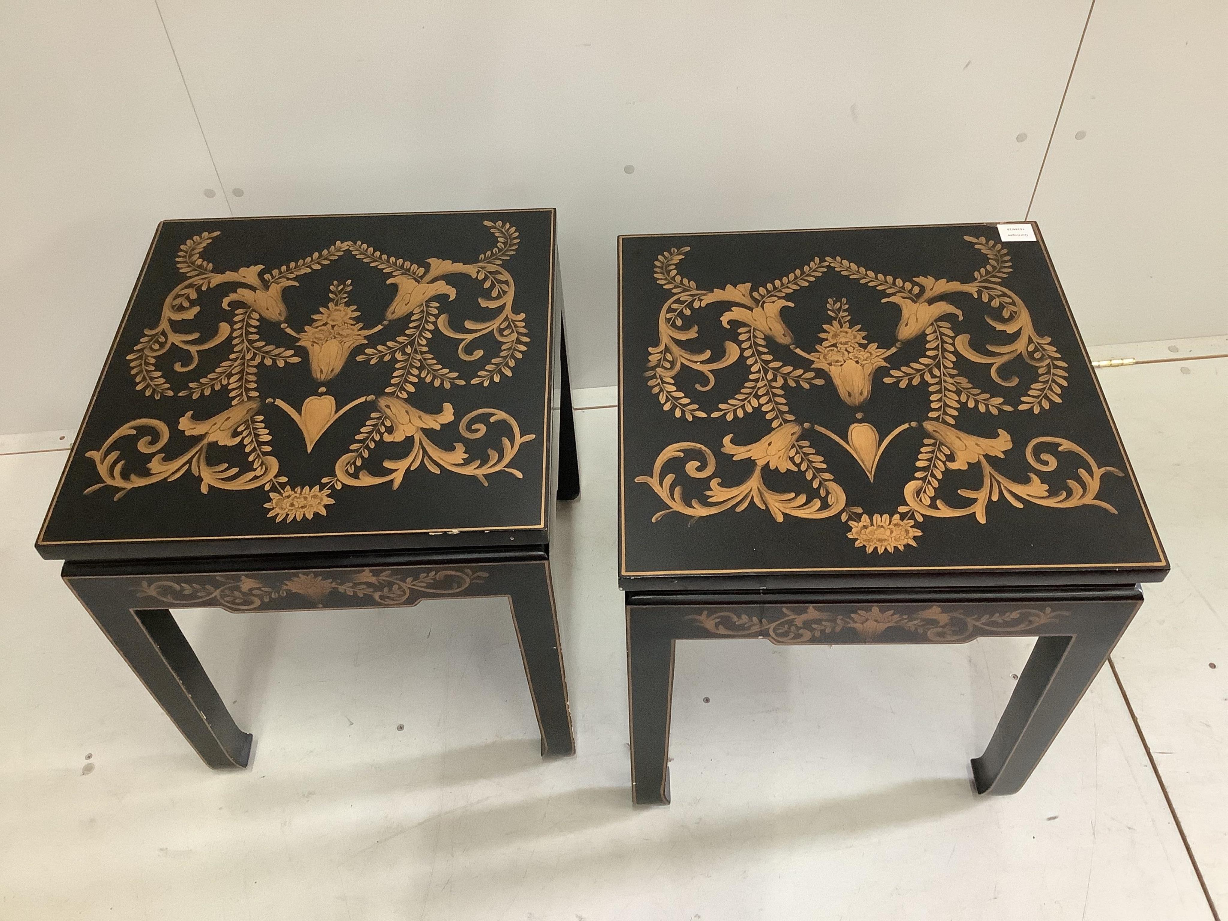 A pair of reproduction painted square occasional tables, 51cm, height 57cm. Condition - fair